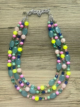 Load image into Gallery viewer, Helena’s Jeweled Chunky Statement Necklace, Big beaded jewelry, 3 Strand silver Statement pink lime Bib necklace, green bridesmaid wedding