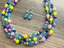 Load image into Gallery viewer, Helena’s Jeweled Chunky Statement Necklace, Big beaded jewelry, 3 Strand silver Statement pink lime Bib necklace, green bridesmaid wedding