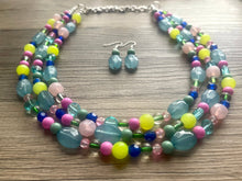 Load image into Gallery viewer, Helena’s Jeweled Chunky Statement Necklace, Big beaded jewelry, 3 Strand silver Statement pink lime Bib necklace, green bridesmaid wedding