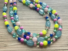 Load image into Gallery viewer, Helena’s Jeweled Chunky Statement Necklace, Big beaded jewelry, 3 Strand silver Statement pink lime Bib necklace, green bridesmaid wedding