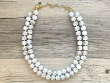 Load image into Gallery viewer, White & Gold Geometric Bead Necklace, gold 2 Strand Statement Jewelry, clear Chunky bib, bridesmaid necklace, beaded jewelry painted