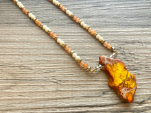 Load image into Gallery viewer, Orange Dragon Vein Agate Pendant Necklace with Coral and Cream Beaded Chain, bead pendant necklace single strand drop style