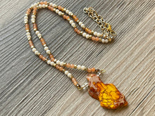 Load image into Gallery viewer, Orange Dragon Vein Agate Pendant Necklace with Coral and Cream Beaded Chain, bead pendant necklace single strand drop style