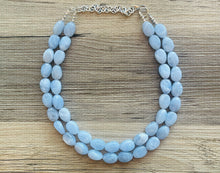 Load image into Gallery viewer, Chambray Double Strand Statement Necklace,  Chunky Periwinkle Oval Beaded Bib Jewelry earrings, sky blue jewelry set, baby blue jewelry