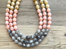 Load image into Gallery viewer, Three Strand gray pink tan Chunky statement necklace, big beaded jewelry, gifts for women, bib jewelry Multi-Strand necklac