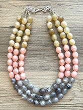 Load image into Gallery viewer, Three Strand gray pink tan Chunky statement necklace, big beaded jewelry, gifts for women, bib jewelry Multi-Strand necklac