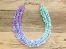 Load image into Gallery viewer, Blue Lavender Mint Beaded Statement Necklace, beaded jewelry, jewel tone necklace, light earrings necklace, chunky bib 5 strand purple