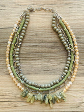 Load image into Gallery viewer, Olive Quartz statement necklace, chunky bib beaded jewelry 4 strand neutral necklace, green wood multi strand wood, Traveler Collection