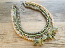 Load image into Gallery viewer, Olive Quartz statement necklace, chunky bib beaded jewelry 4 strand neutral necklace, green wood multi strand wood, Traveler Collection