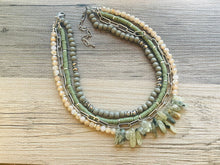 Load image into Gallery viewer, Olive Quartz statement necklace, chunky bib beaded jewelry 4 strand neutral necklace, green wood multi strand wood, Traveler Collection