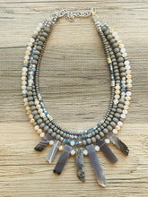 Load image into Gallery viewer, Gray Quartz statement necklace, chunky bib beaded jewelry 4 strand neutral necklace, gray wood multi strand wood, Traveler Collection