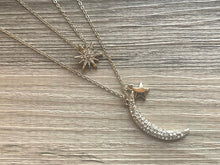 Load image into Gallery viewer, Vintage Silver Celestial Beaded long necklace, shiny beaded statement necklace, moon stars everyday metal chunky layering necklace