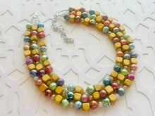 Load image into Gallery viewer, Rainbow Metallic Lava Lamp Statement Necklace, chunky multi-strand jewelry, wood yellow pink colorful necklace, silver blue jewelry