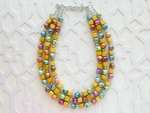 Load image into Gallery viewer, Rainbow Metallic Lava Lamp Statement Necklace, chunky multi-strand jewelry, wood yellow pink colorful necklace, silver blue jewelry