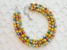 Load image into Gallery viewer, Rainbow Metallic Lava Lamp Statement Necklace, chunky multi-strand jewelry, wood yellow pink colorful necklace, silver blue jewelry