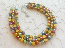 Load image into Gallery viewer, Rainbow Metallic Lava Lamp Statement Necklace, chunky multi-strand jewelry, wood yellow pink colorful necklace, silver blue jewelry