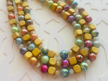 Load image into Gallery viewer, Rainbow Metallic Lava Lamp Statement Necklace, chunky multi-strand jewelry, wood yellow pink colorful necklace, silver blue jewelry