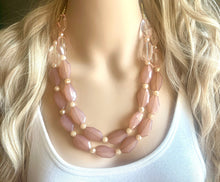 Load image into Gallery viewer, Coral & Caramel Champagne Necklace, multi strand jewelry, big beaded chunky statement necklace, bridesmaid necklace, brown tan necklace