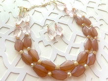 Load image into Gallery viewer, Coral & Caramel Champagne Necklace, multi strand jewelry, big beaded chunky statement necklace, bridesmaid necklace, brown tan necklace