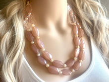 Load image into Gallery viewer, Coral & Caramel Champagne Necklace, multi strand jewelry, big beaded chunky statement necklace, bridesmaid necklace, brown tan necklace