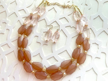 Load image into Gallery viewer, Coral & Caramel Champagne Necklace, multi strand jewelry, big beaded chunky statement necklace, bridesmaid necklace, brown tan necklace