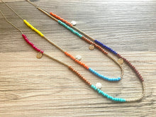 Load image into Gallery viewer, Bold long Rainbow & Gold vintage necklace, seed bead acrylic faceted tube beaded pendant necklace, layering rainbow statement