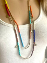 Load image into Gallery viewer, Bold long Rainbow & Gold vintage necklace, seed bead acrylic faceted tube beaded pendant necklace, layering rainbow statement