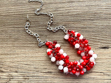 Load image into Gallery viewer, Red & White Cluster Necklace, Gameday Bridesmaid Jewelry dressy beaded statement bib, silver statement football basketball