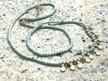 Load image into Gallery viewer, Green & Gold beaded long statement Necklace, Green jewelry chunky bib mint green beaded