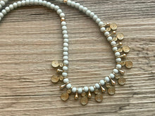 Load image into Gallery viewer, Green & Gold beaded long statement Necklace, Green jewelry chunky bib mint green beaded