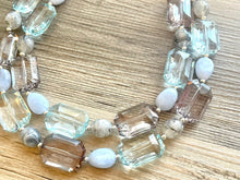 Load image into Gallery viewer, Chambray & Gray Double Strand Statement Necklace, Chunky Periwinkle Oval Beaded Bib earrings, sky blue set, baby blue jewelry