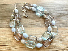 Load image into Gallery viewer, Chambray & Gray Double Strand Statement Necklace, Chunky Periwinkle Oval Beaded Bib earrings, sky blue set, baby blue jewelry