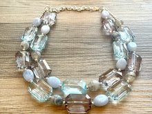 Load image into Gallery viewer, Chambray & Gray Double Strand Statement Necklace, Chunky Periwinkle Oval Beaded Bib earrings, sky blue set, baby blue jewelry