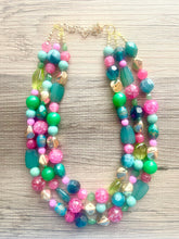 Load image into Gallery viewer, Pink & Green Statement Necklace, chunky multi-strand jewelry, peach pink colorful necklace, gold nugget jewelry, emerald green jewelry