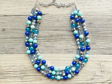 Load image into Gallery viewer, Mountain Meadow Necklace, Chunky 3 Strand Statement Necklace, blue gray periwinkle jewelry, silver turquoise royal resin jewelry metallic
