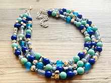 Load image into Gallery viewer, Mountain Meadow Necklace, Chunky 3 Strand Statement Necklace, blue gray periwinkle jewelry, silver turquoise royal resin jewelry metallic