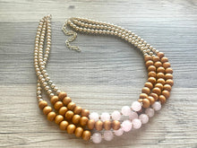 Load image into Gallery viewer, Rose Quartz statement necklace, chunky bib beaded jewelry light pink necklace, multi strand wood & gold, Traveler Collection