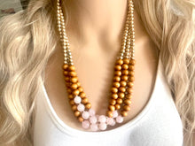 Load image into Gallery viewer, Rose Quartz statement necklace, chunky bib beaded jewelry light pink necklace, multi strand wood & gold, Traveler Collection