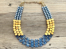 Load image into Gallery viewer, Periwinkle Colorblock Necklace, Chunky 3 Strand Statement Necklace, blue wood jewelry, silver turquoise resin jewelry metallic brown
