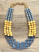Load image into Gallery viewer, Periwinkle Colorblock Necklace, Chunky 3 Strand Statement Necklace, blue wood jewelry, silver turquoise resin jewelry metallic brown
