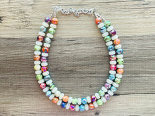 Load image into Gallery viewer, Rainbow + White Lava Lamp Statement Necklace, chunky multi-strand jewelry, green yellow pink colorful necklace, silver blue jewelry