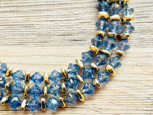Load image into Gallery viewer, Periwinkle Golden Necklace, Chunky 3 Strand Statement, cadet blue gray jewelry, Gold resin jewelry metallic geometric bib