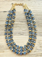 Load image into Gallery viewer, Periwinkle Golden Necklace, Chunky 3 Strand Statement, cadet blue gray jewelry, Gold resin jewelry metallic geometric bib