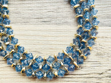 Load image into Gallery viewer, Periwinkle Golden Necklace, Chunky 3 Strand Statement, cadet blue gray jewelry, Gold resin jewelry metallic geometric bib