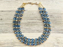 Load image into Gallery viewer, Periwinkle Golden Necklace, Chunky 3 Strand Statement, cadet blue gray jewelry, Gold resin jewelry metallic geometric bib