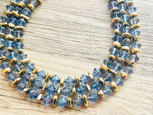 Load image into Gallery viewer, Periwinkle Golden Necklace, Chunky 3 Strand Statement, cadet blue gray jewelry, Gold resin jewelry metallic geometric bib