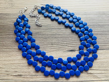 Load image into Gallery viewer, Royal Blue 3 Strand Statement Necklace, Chunky Jewelry Big Beaded Necklace, dark blue Necklace, geometric zig zag bubble round earrings