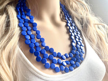 Load image into Gallery viewer, Royal Blue 3 Strand Statement Necklace, Chunky Jewelry Big Beaded Necklace, dark blue Necklace, geometric zig zag bubble round earrings