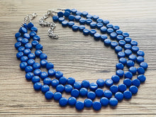 Load image into Gallery viewer, Royal Blue 3 Strand Statement Necklace, Chunky Jewelry Big Beaded Necklace, dark blue Necklace, geometric zig zag bubble round earrings