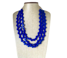 Load image into Gallery viewer, Royal Blue 3 Strand Statement Necklace, Chunky Jewelry Big Beaded Necklace, dark blue Necklace, geometric zig zag bubble round earrings